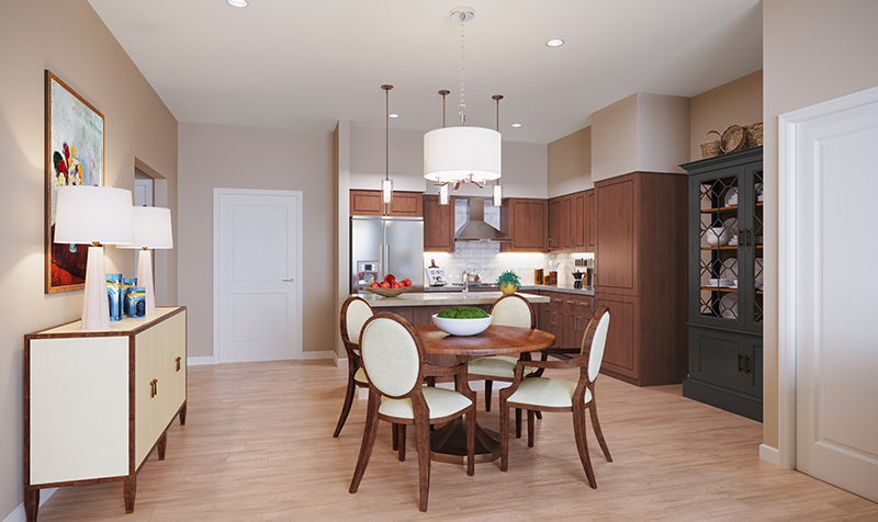 open-concept kitchen and dining area of senior apartment in Oak Trace Senior Living Community
